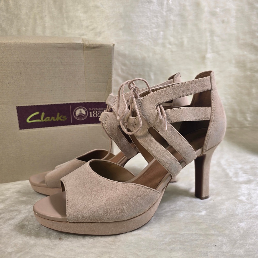 Clarks Artisan Nude Pump Suede Leather Lace Up Ankle Platform Heels Women 12 NEW